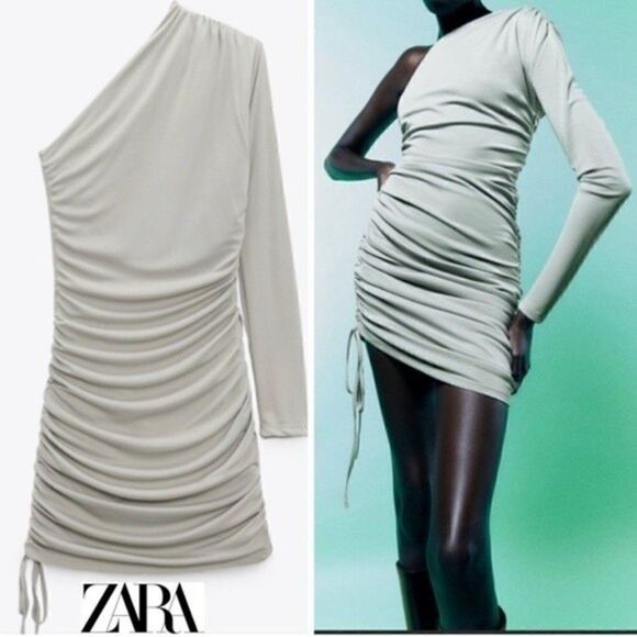 ZARA Green Ruched Mini Dress One Shoulder Size S NWT - Picture 1 of 8